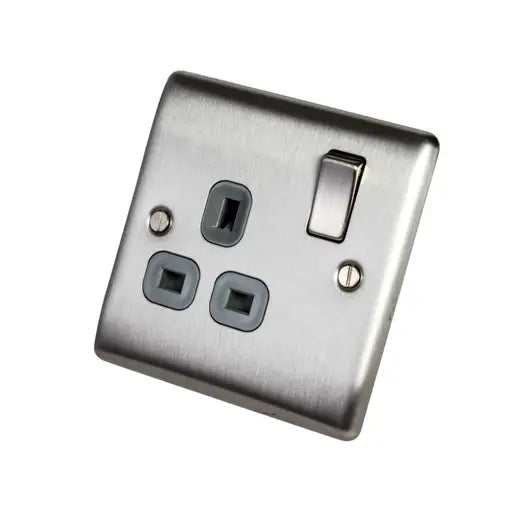 BG NBS21G 13A DP 1 Gang Switched Socket Grey Insert Brushed Steel