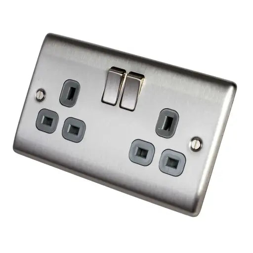 BG NBS22G 13A DP 2 Gang Switched Socket Grey Insert Brushed Steel
