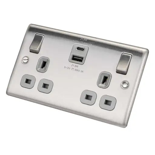 BG NBS22UAC20G 13A 2 Gang Socket with 1 x Type A and Type C USB Grey Insert Brushed Steel